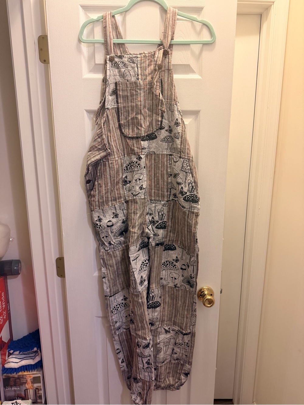 Rising International Beige Mushroom Patchwork Overalls
